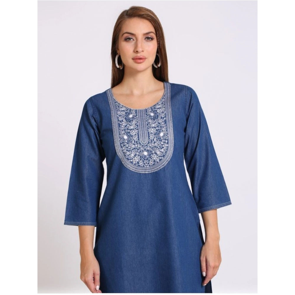 Generic Women's Casual Denim Embroidery 3-4th sleeve Straight Kurti (Blue)