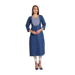 Generic Women's Casual Denim Embroidery 3-4th sleeve Straight Kurti (Blue)