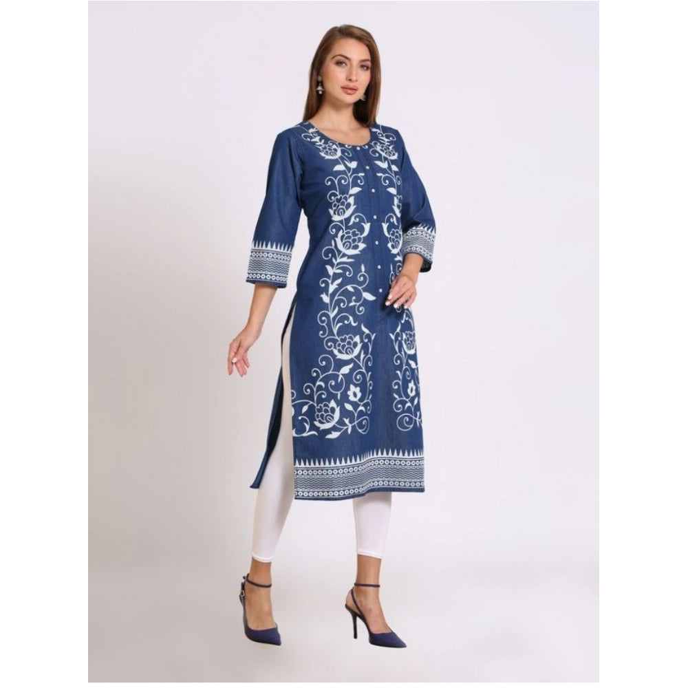 Generic Women's Casual Denim Printed 3-4th sleeve Straight Kurti (Blue)