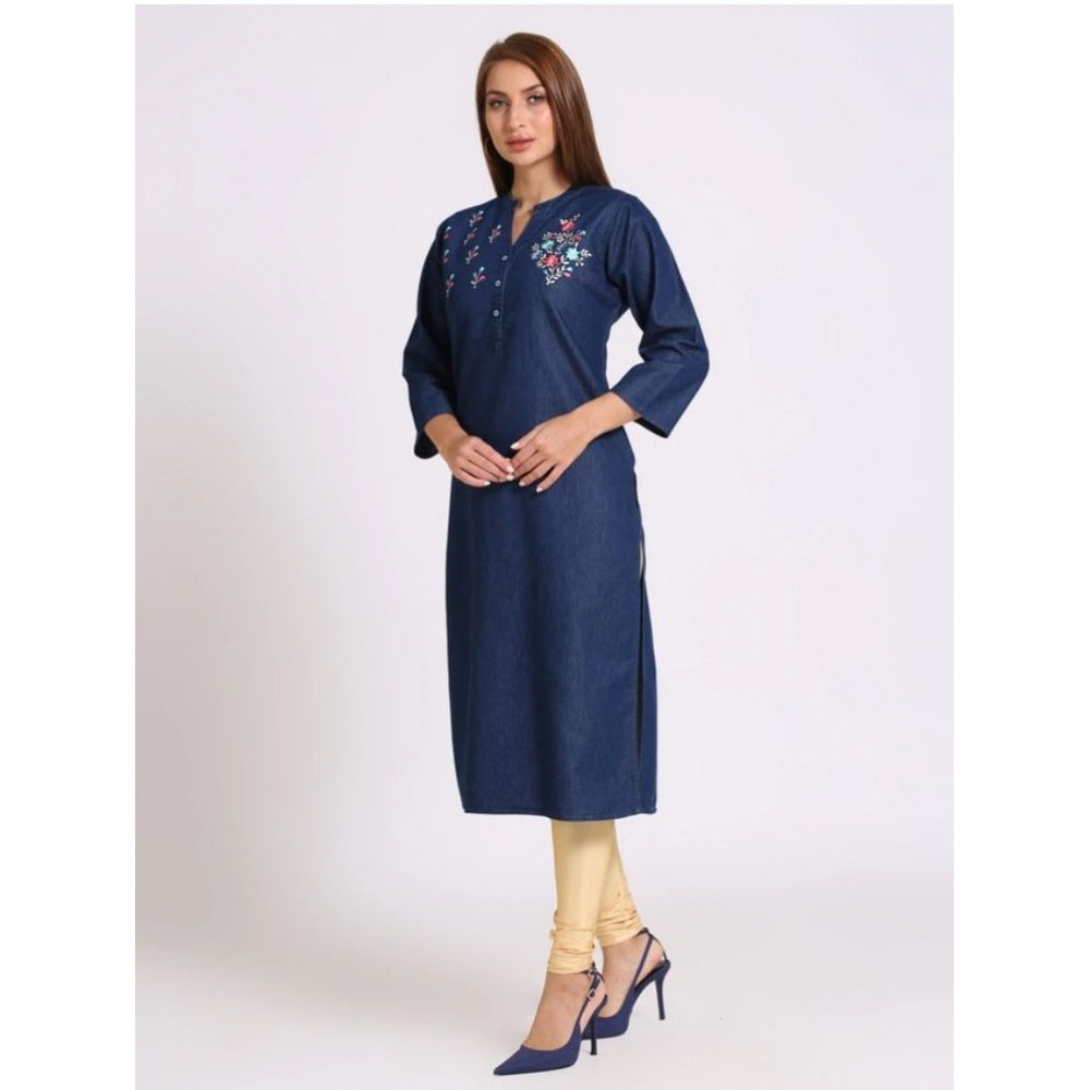 Generic Women's Casual Denim Embroidery 3-4th sleeve Straight Kurti (Blue)