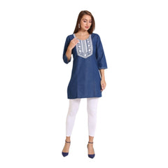 Generic Women's Casual Denim Embroidery 3-4th sleeve Kurti (Blue)