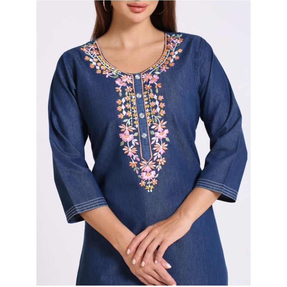 Generic Women's Casual Denim Embroidery 3-4th sleeve Straight Kurti (Blue)