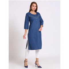 Generic Women's Casual Denim Solid 3-4th sleeve Straight Kurti (Blue)