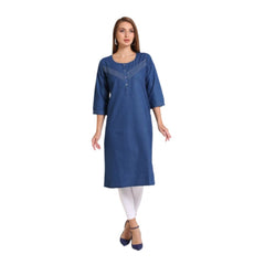 Generic Women's Casual Denim Solid 3-4th sleeve Straight Kurti (Blue)