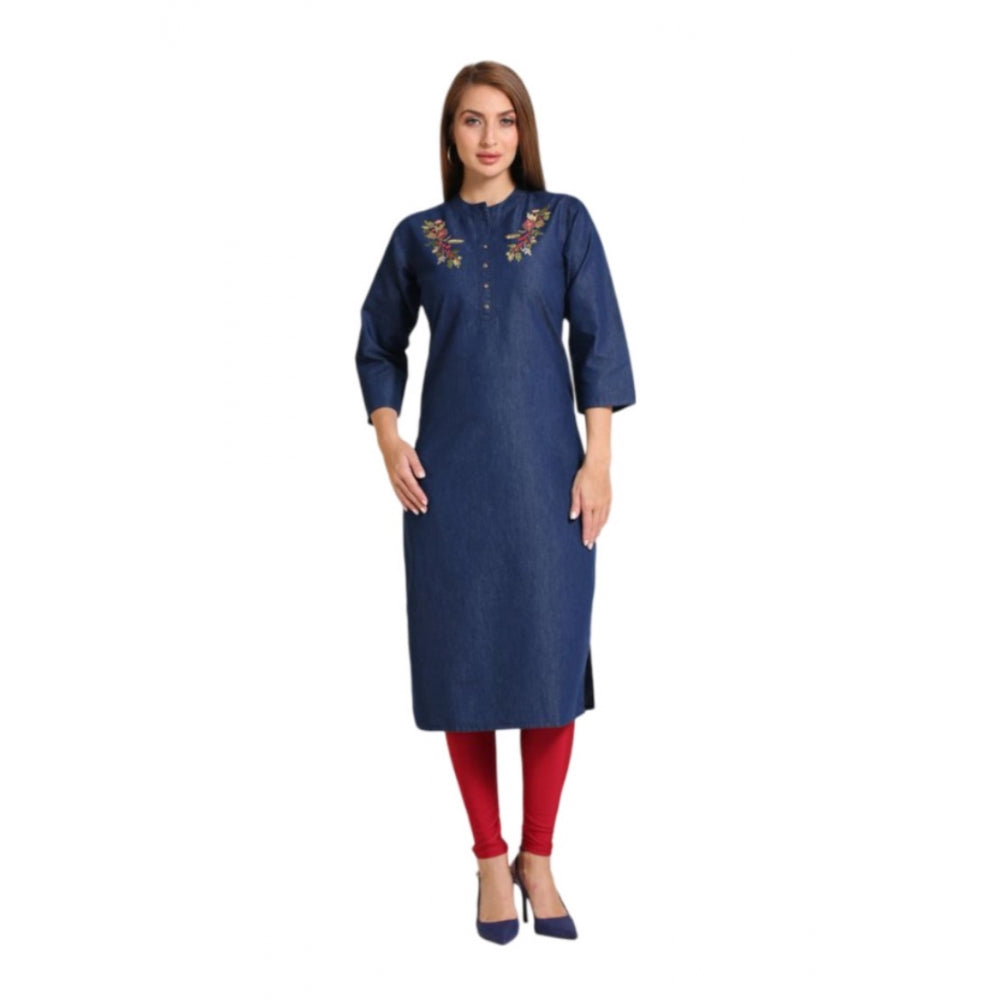 Generic Women's Casual Denim Embroidery 3-4th sleeve Straight Kurti (Blue)