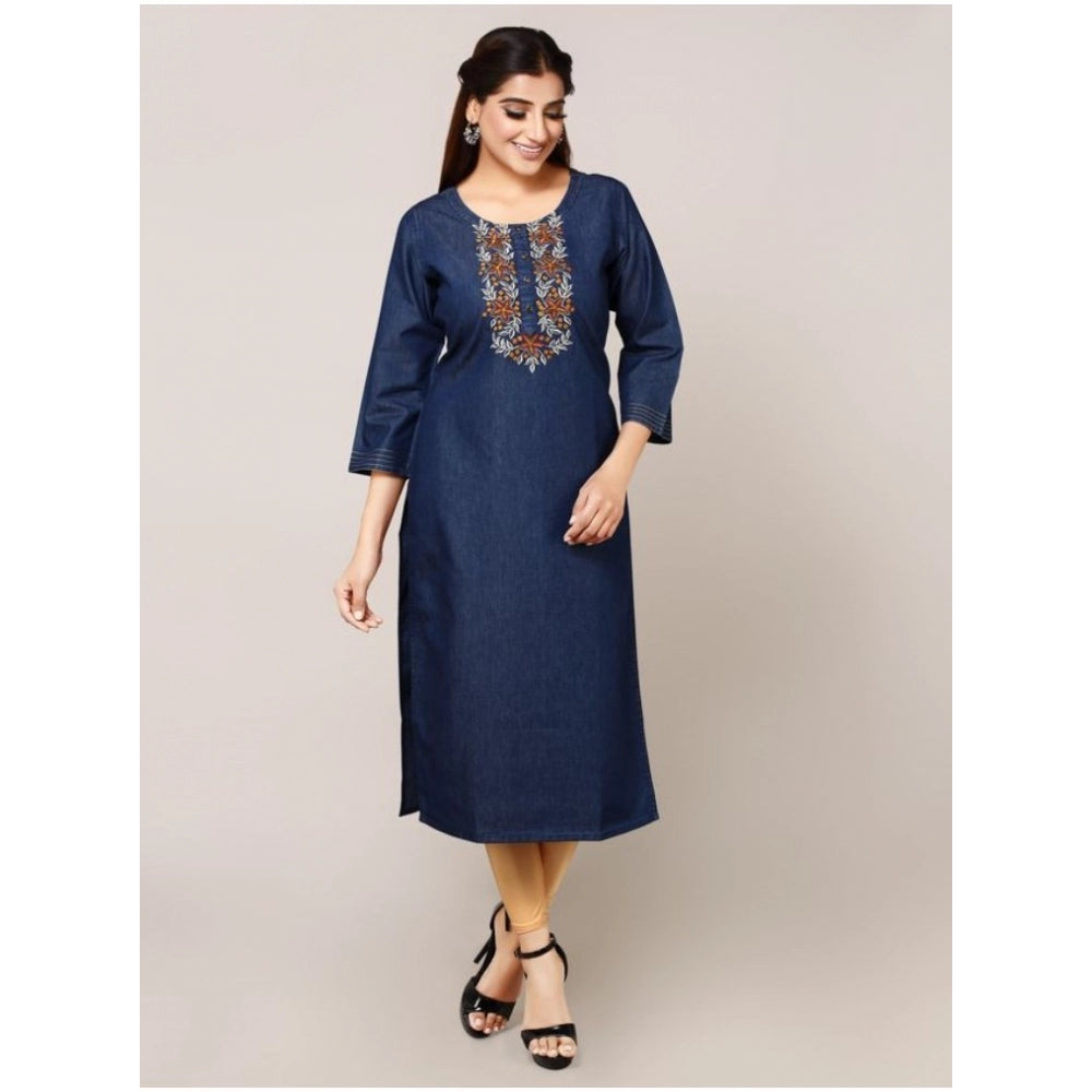 Generic Women's Casual Denim Embroidery 3-4th sleeve Straight Kurti (Blue)