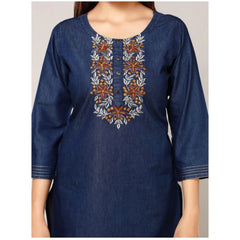 Generic Women's Casual Denim Embroidery 3-4th sleeve Straight Kurti (Blue)