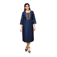 Generic Women's Casual Denim Embroidery 3-4th sleeve Straight Kurti (Blue)