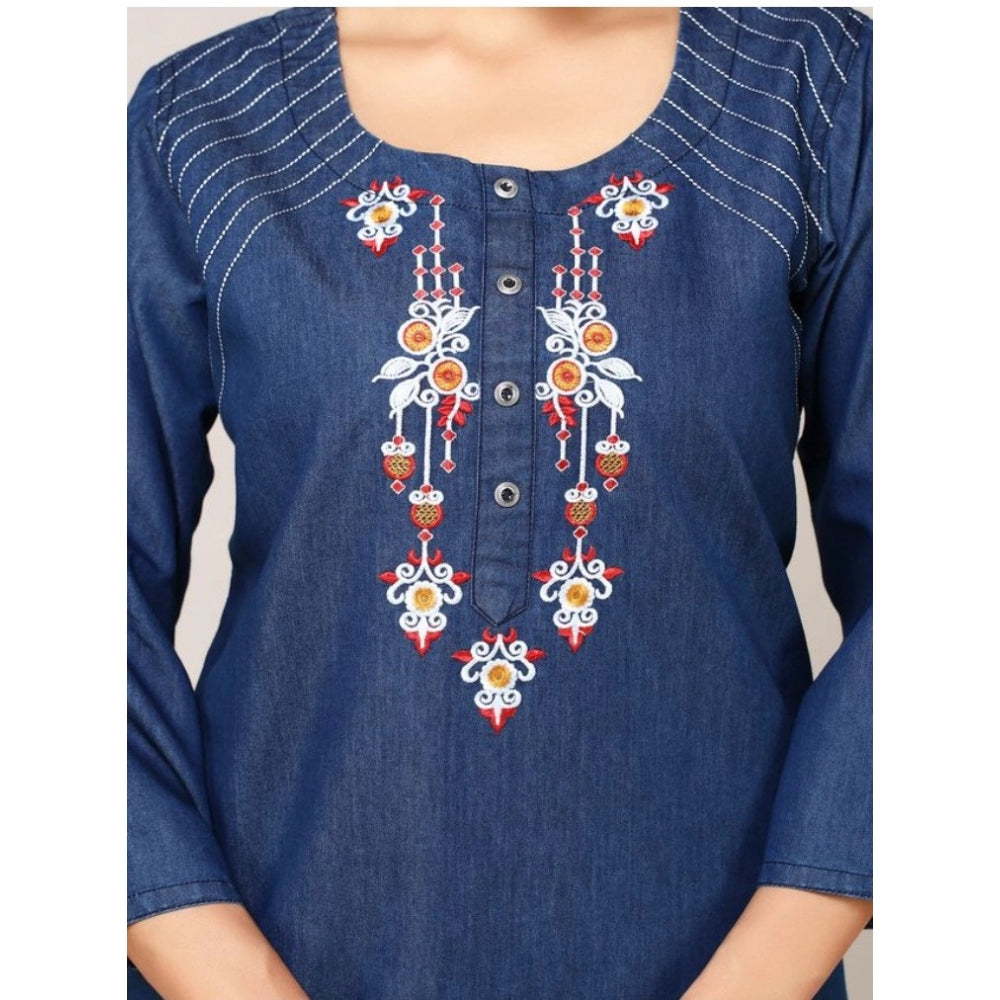 Generic Women's Casual Denim Embroidery 3-4th sleeve Straight Kurti (Blue)