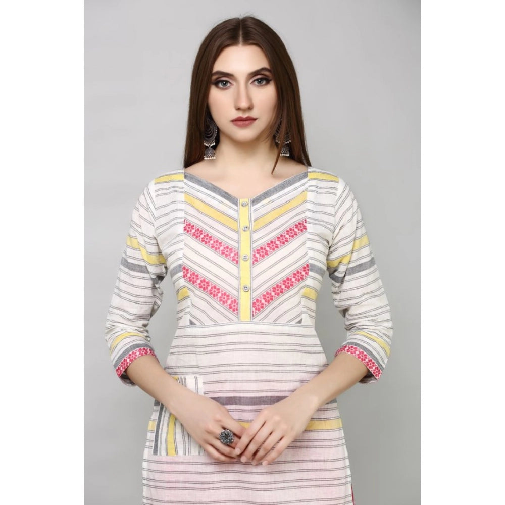 Generic Women's Casual Cotton Striped 3-4th sleeve Straight Kurti (White_MultiColor)