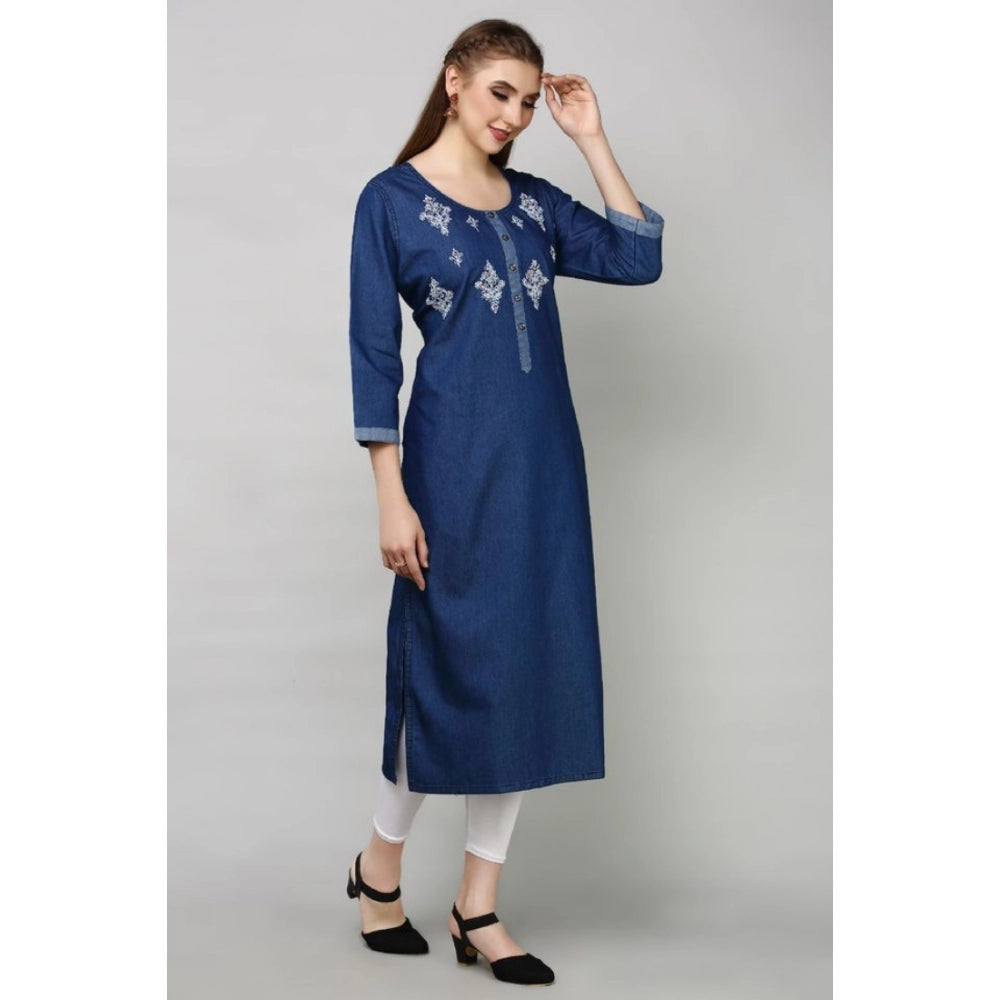 Generic Women's Casual Denim Embroidery 3-4th sleeve Straight Kurti (Blue)