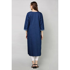 Generic Women's Casual Denim Embroidery 3-4th sleeve Straight Kurti (Blue)