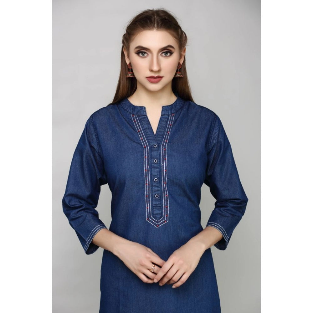 Generic Women's Casual Denim Embroidery 3-4th sleeve Straight Kurti (Blue)