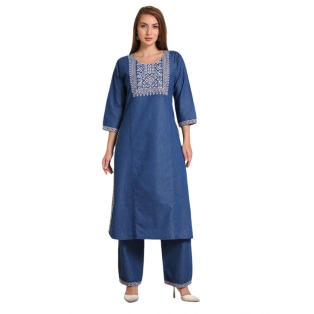 Generic Women's Casual Denim Embroidery 3-4th sleeve Kurti Set (Blue)