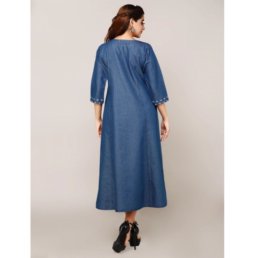 Generic Women's Casual Denim Embroidery 3-4th sleeve A-line Dress (Blue)