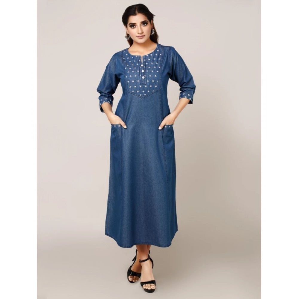 Generic Women's Casual Denim Embroidery 3-4th sleeve A-line Dress (Blue)