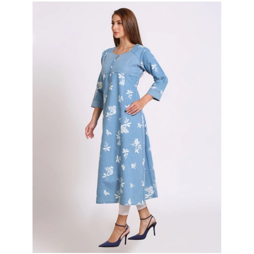 Generic Women's Casual Denim Printed 3-4th sleeve Straight Kurti (Light-Blue)