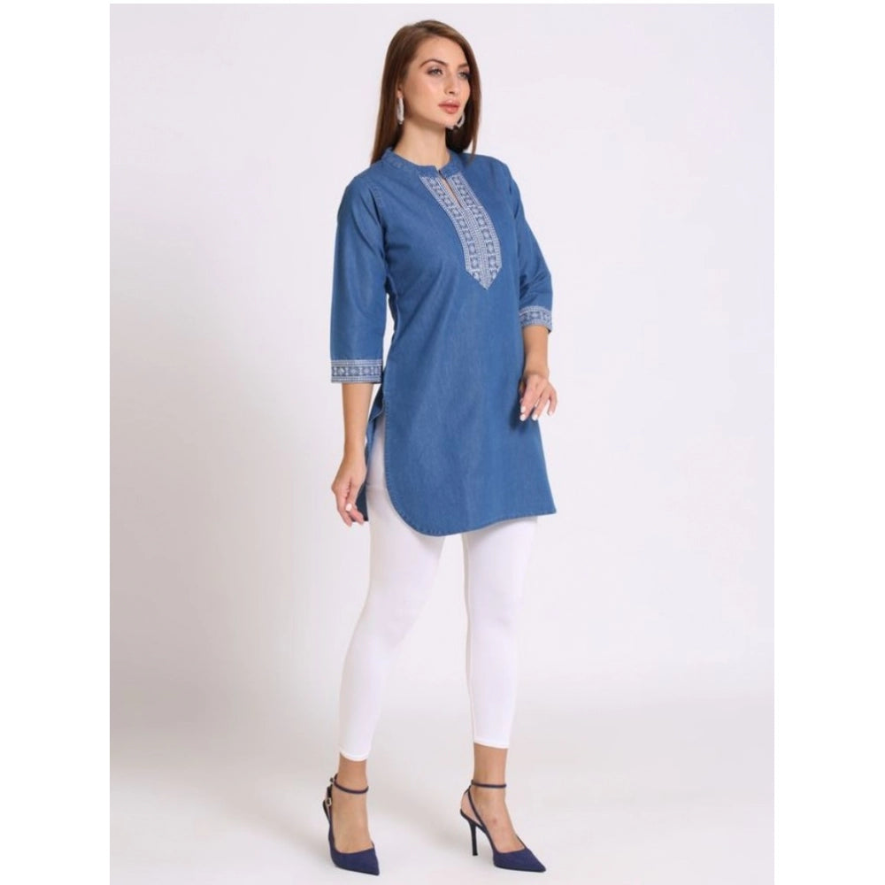 Generic Women's Casual Denim Embroidery 3-4th sleeve Kurti (Blue)