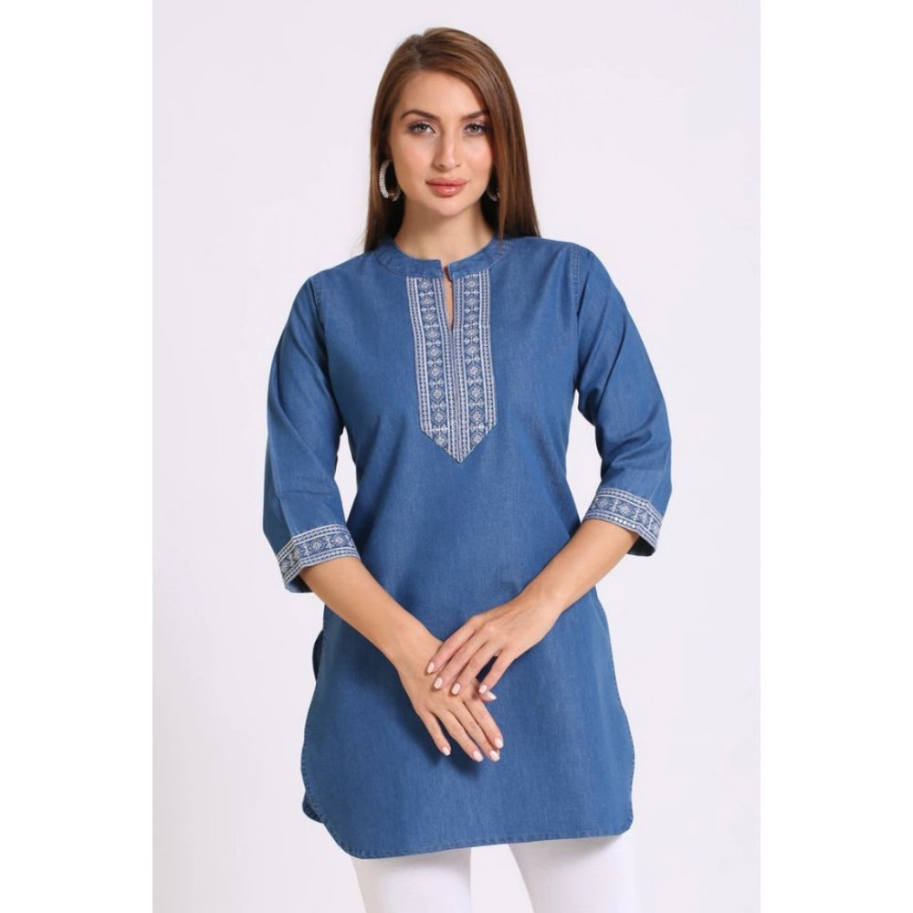 Generic Women's Casual Denim Embroidery 3-4th sleeve Kurti (Blue)