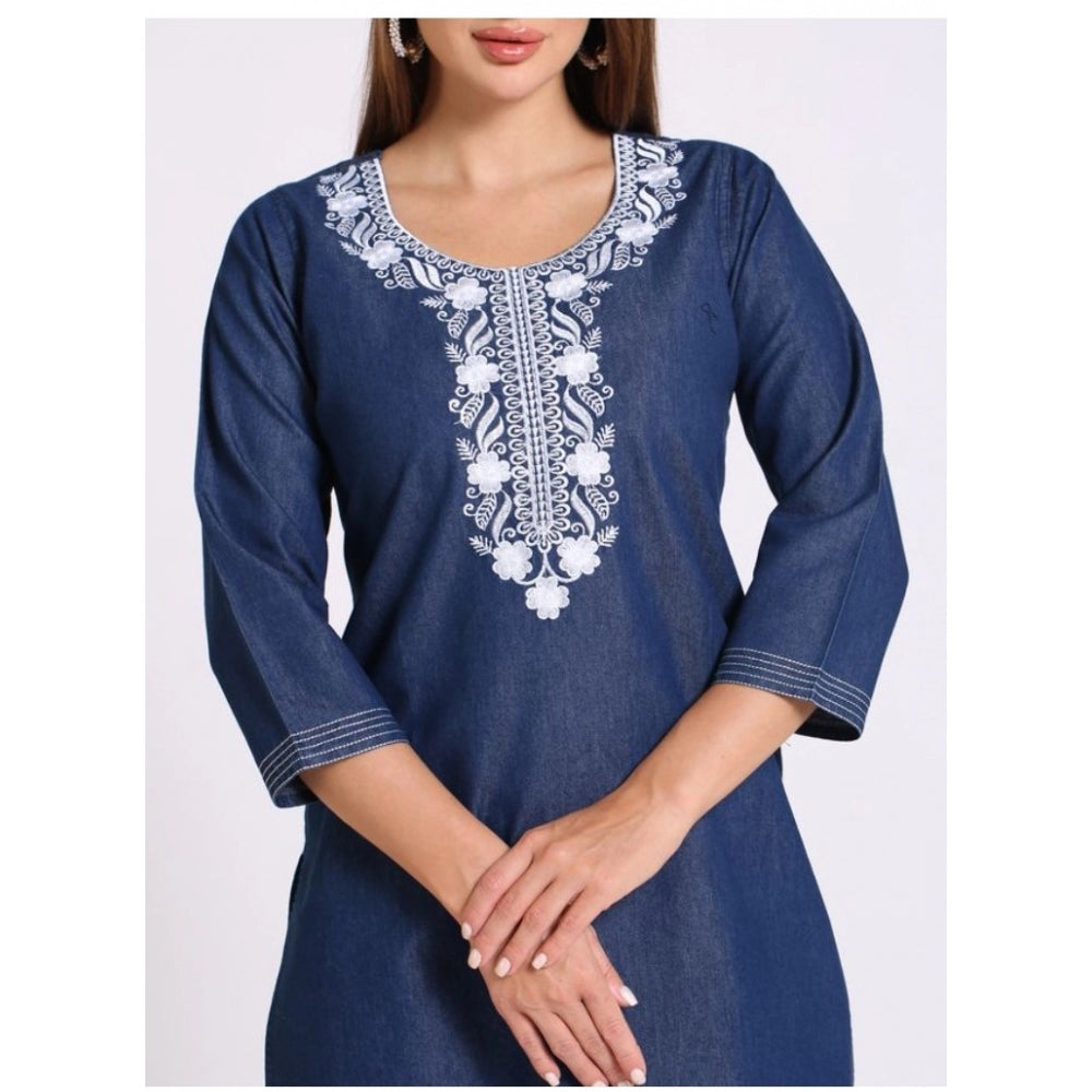 Generic Women's Casual Denim Embroidery 3-4th sleeve Straight Kurti (Blue)