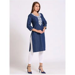 Generic Women's Casual Denim Embroidery 3-4th sleeve Straight Kurti (Blue)