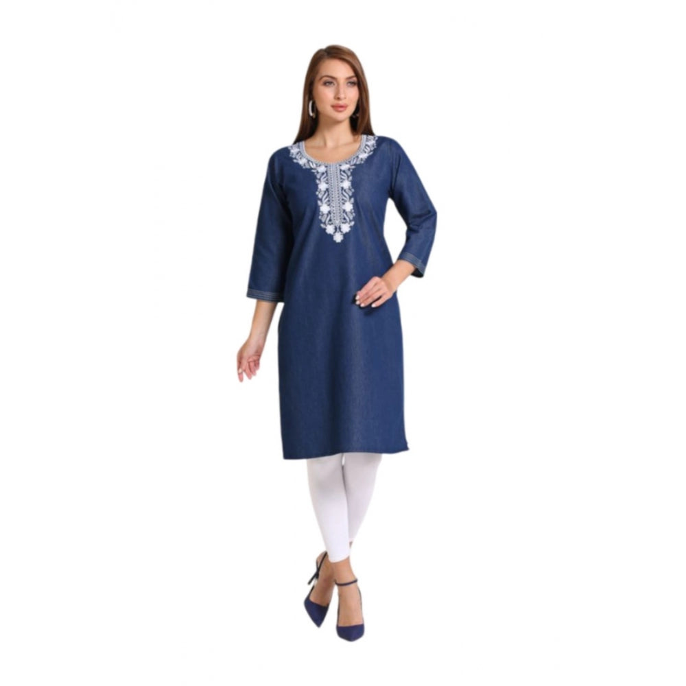 Generic Women's Casual Denim Embroidery 3-4th sleeve Straight Kurti (Blue)