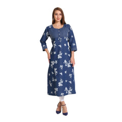 Generic Women's Casual Denim Floral 3-4th sleeve Straight Kurti (Blue-White)