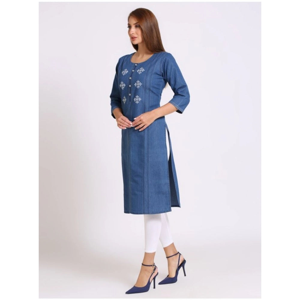 Generic Women's Casual Denim Embroidery 3-4th sleeve Straight Kurti (Blue)