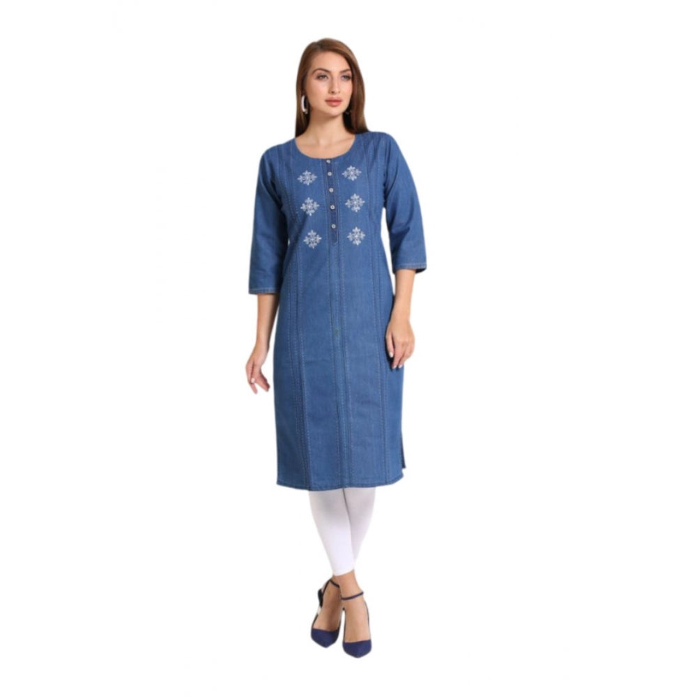 Generic Women's Casual Denim Embroidery 3-4th sleeve Straight Kurti (Blue)