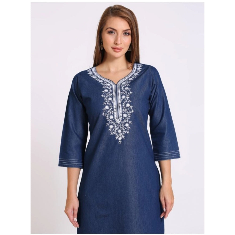 Generic Women's Casual Denim Embroidery 3-4th sleeve Straight Kurti (Blue)