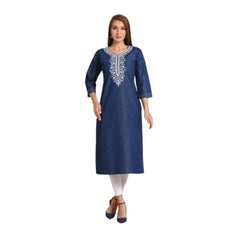 Generic Women's Casual Denim Embroidery 3-4th sleeve Straight Kurti (Blue)