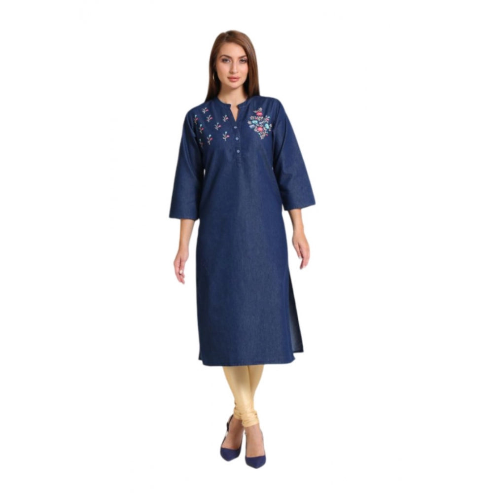 Generic Women's Casual Denim Embroidery 3-4th sleeve Straight Kurti (Blue)