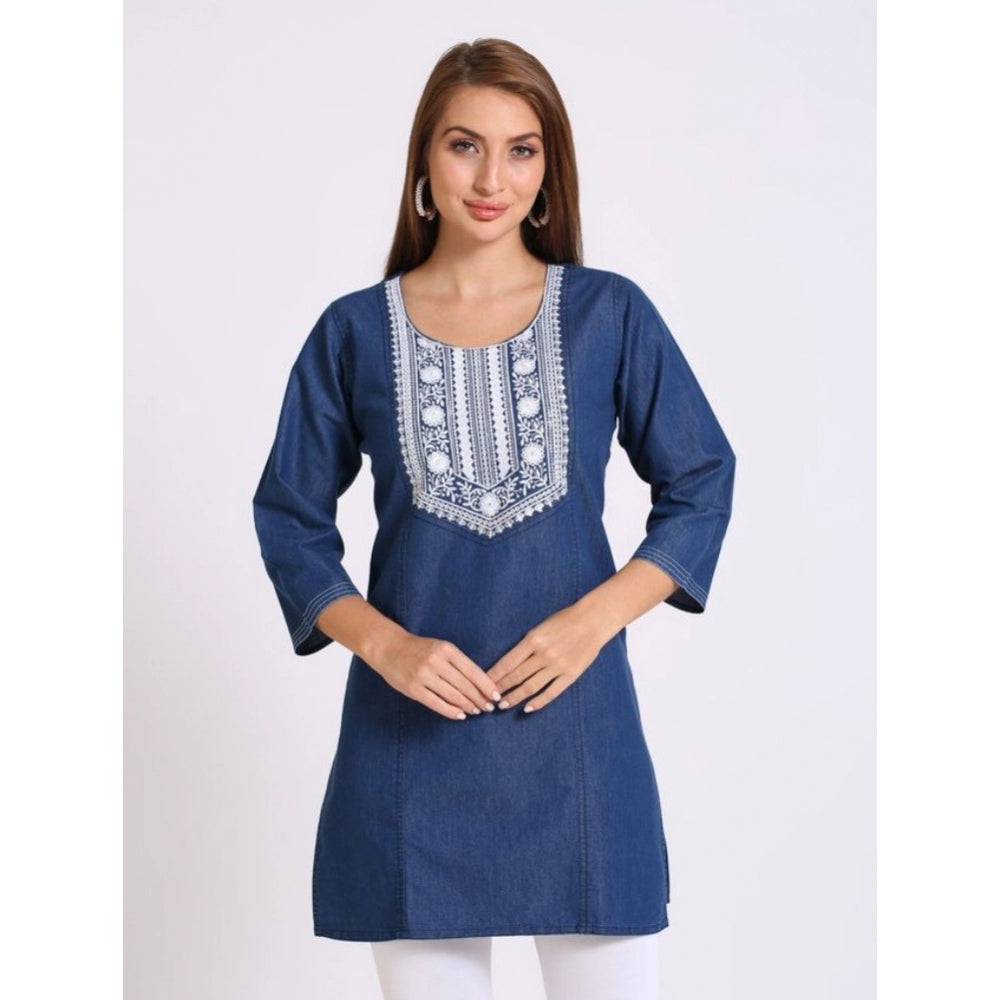 Generic Women's Casual Denim Embroidery 3-4th sleeve Kurti (Blue)