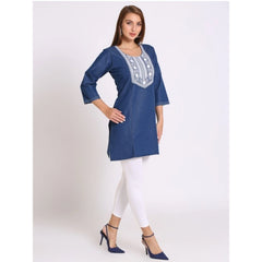 Generic Women's Casual Denim Embroidery 3-4th sleeve Kurti (Blue)