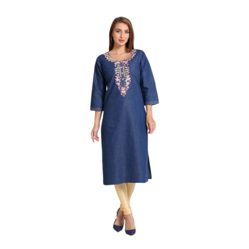 Generic Women's Casual Denim Embroidery 3-4th sleeve Straight Kurti (Blue)