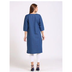 Generic Women's Casual Denim Solid 3-4th sleeve Straight Kurti (Blue)