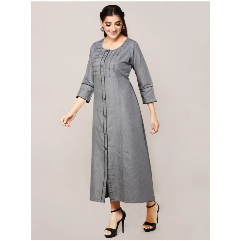 Generic Women's Casual Denim Solid 3-4th sleeve Straight Kurti (Grey)