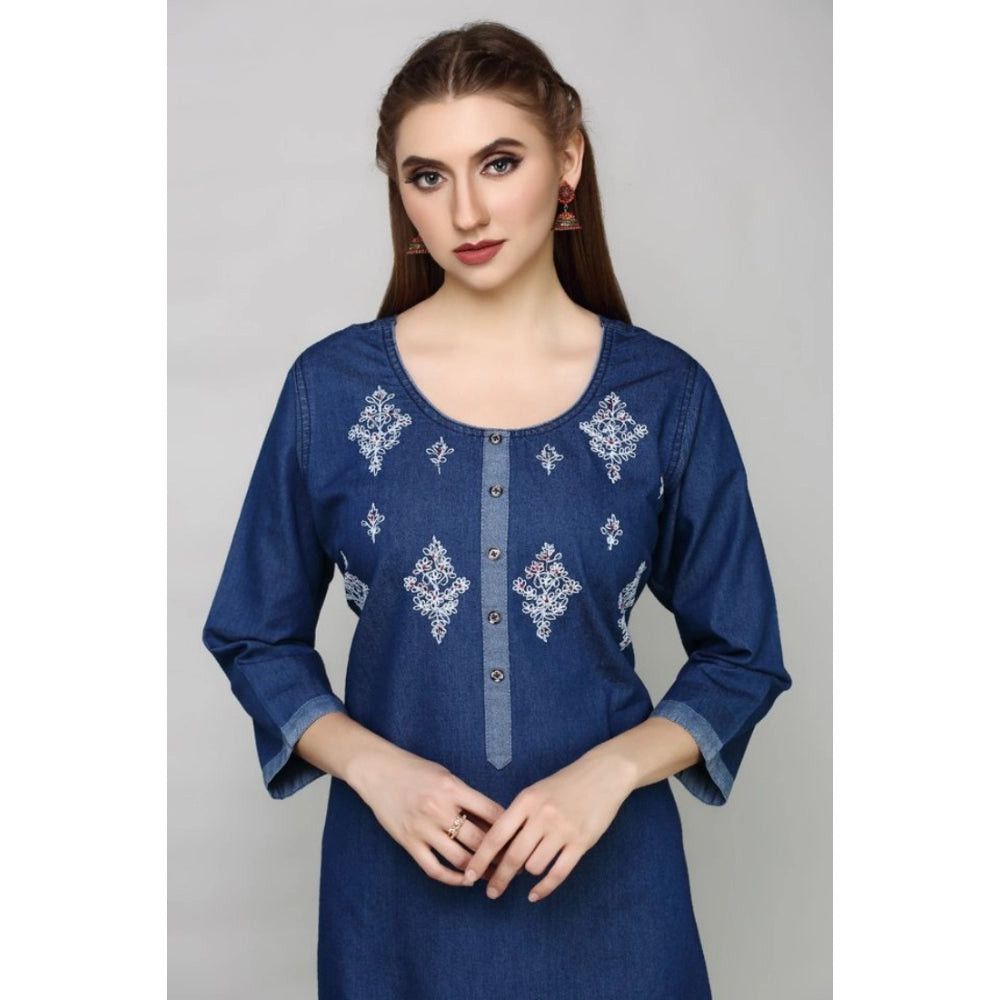 Generic Women's Casual Denim Embroidery 3-4th sleeve Straight Kurti (Blue)