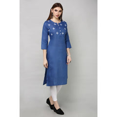 Generic Women's Casual Cotton Embroidery 3-4th sleeve Straight Kurti (Blue)