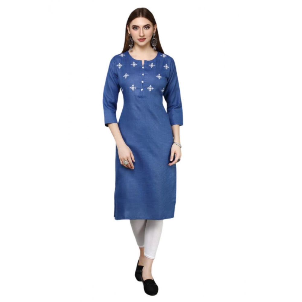 Generic Women's Casual Cotton Embroidery 3-4th sleeve Straight Kurti (Blue)