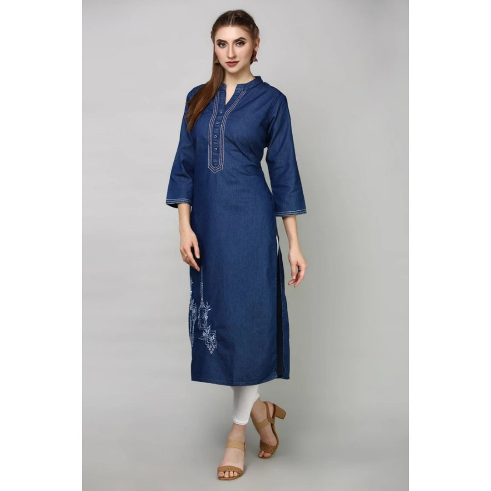 Generic Women's Casual Denim Embroidery 3-4th sleeve Straight Kurti (Blue)