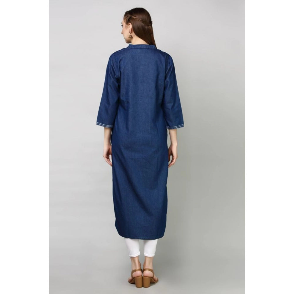 Generic Women's Casual Denim Embroidery 3-4th sleeve Straight Kurti (Blue)