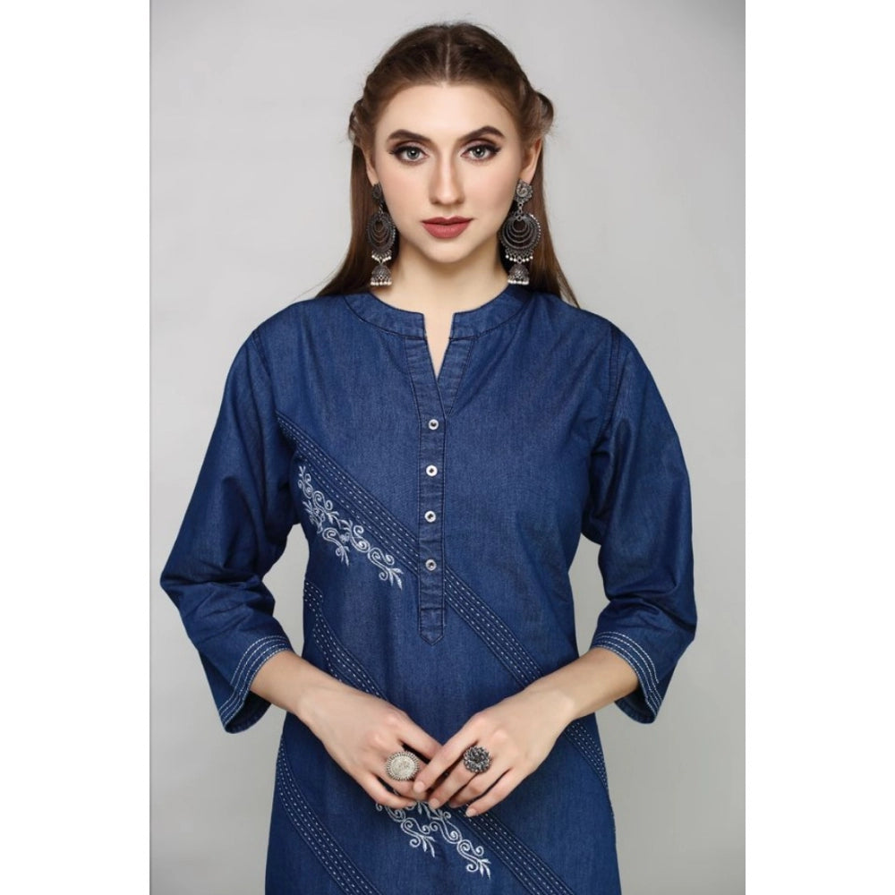 Generic Women's Casual Denim Embroidery 3-4th sleeve Straight Kurti (Blue)