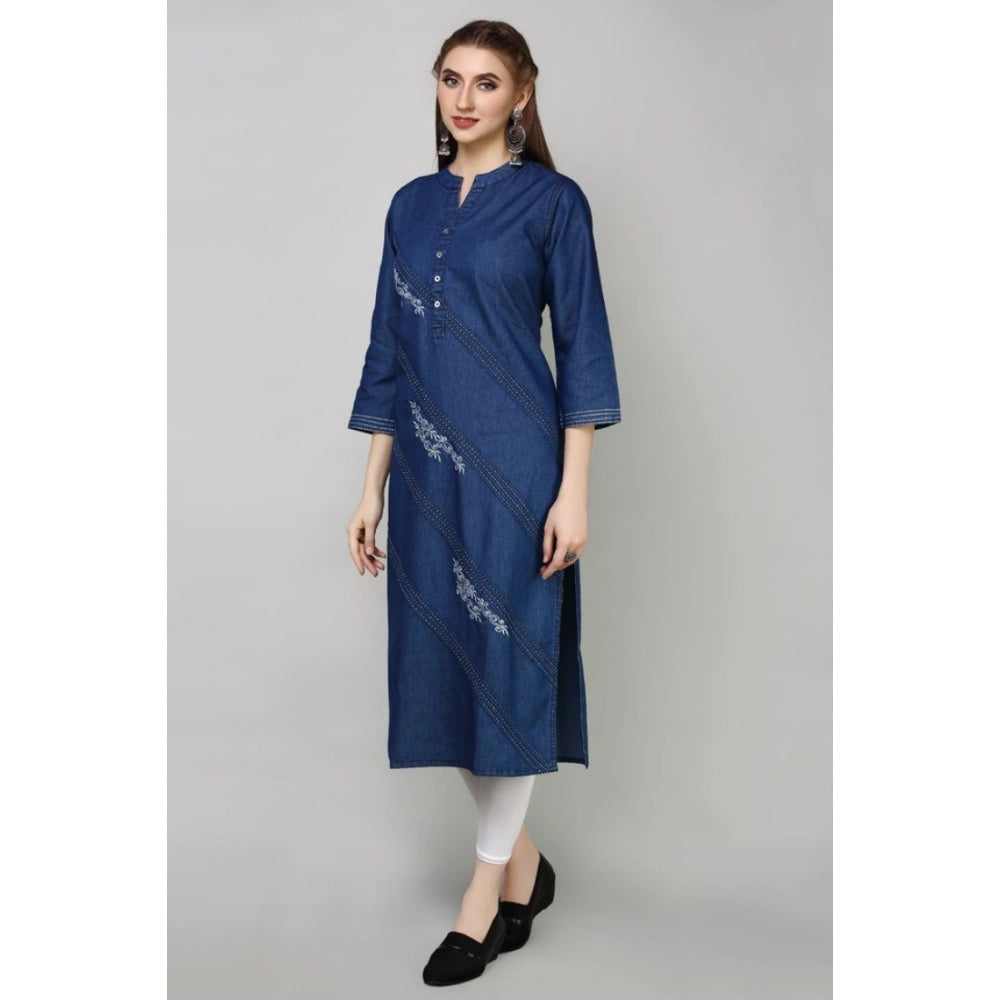 Generic Women's Casual Denim Embroidery 3-4th sleeve Straight Kurti (Blue)