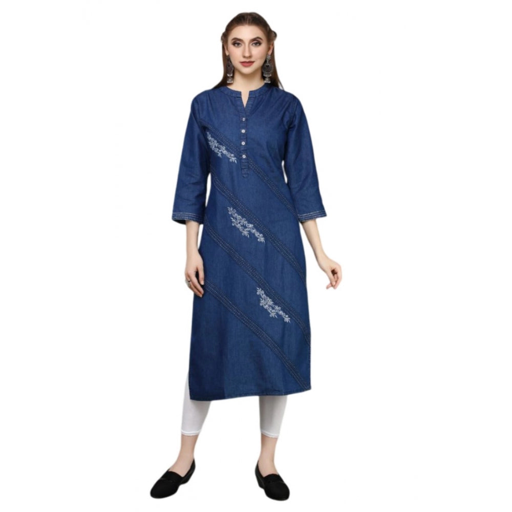 Generic Women's Casual Denim Embroidery 3-4th sleeve Straight Kurti (Blue)