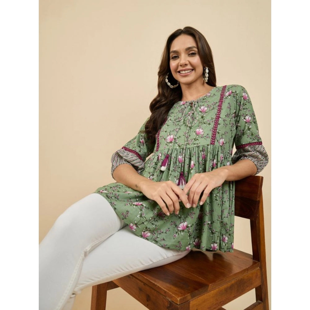 Generic Women's Casual Cotton Floral Printed 3-4th Sleeve Western Wear Top (Green)