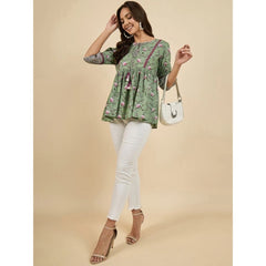 Generic Women's Casual Cotton Floral Printed 3-4th Sleeve Western Wear Top (Green)