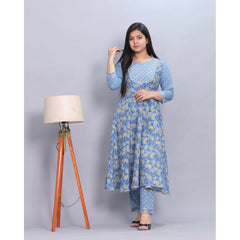 Generic Women's Casual Cotton 3-4th Sleeve Kurti Palazzo Set (Blue)