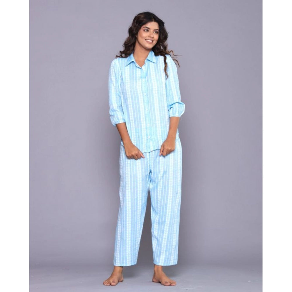 Generic Women's Casual Cotton 3-4th Sleeve Full Night Suit Set (Aqua)