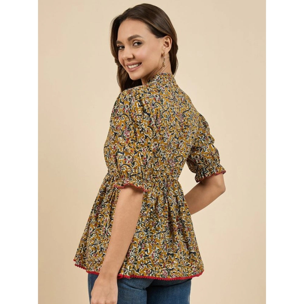 Generic Women's Casual Cotton Floral Printed 3-4th Sleeve Western Wear Top (Mustard)